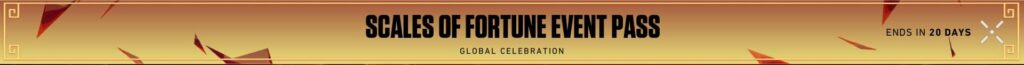 The VALORANT Scales of Fortune Event Pass banner shows that it ends in 20 days from the time it began.