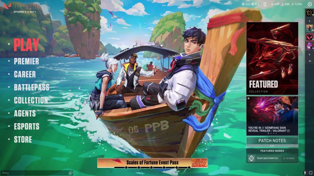 The main menu of VALORANT shows the Scales of Fortune Event Pass at the bottom.