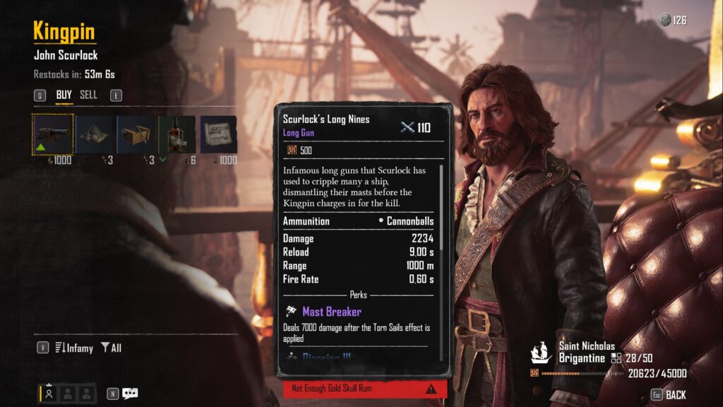 John Scurlock and what he sells for Gold Skull Rum in Skull and Bones.