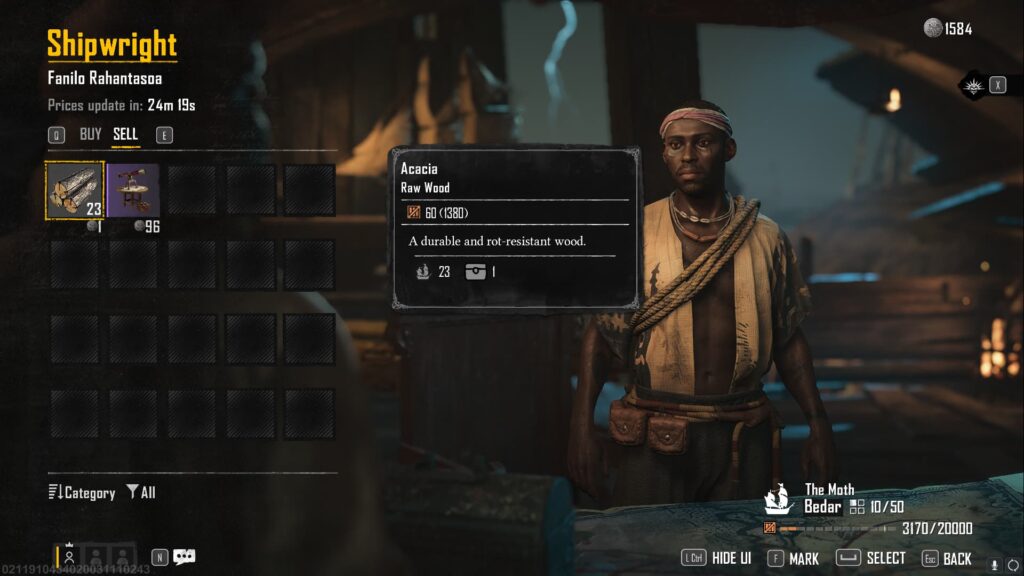 A player negotiates the sale of Acacia to the Shipwright in Skull and Bones.