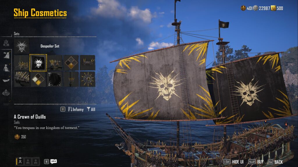 The Ship Cosmetics section shows the Despoiler set, available for Pieces of Eight in Skull and Bones.