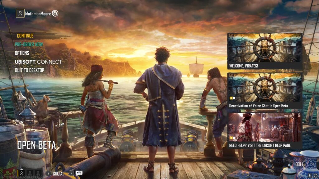 The Skull and Bones Open Beta main menu with the Continue option chosen.