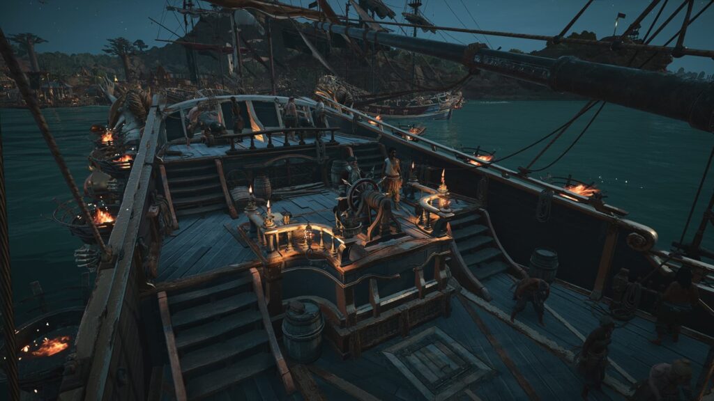 A captain stands at the wheel of his pirate ship in Skull and Bones.