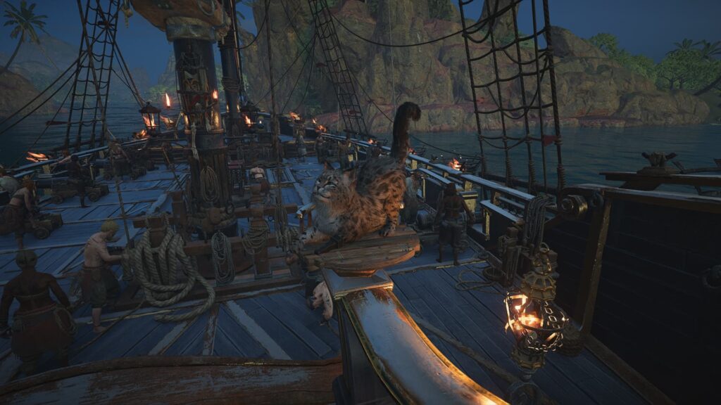 A snow leopard with a peg leg stretches on a pirate ship in Skull and Bones.