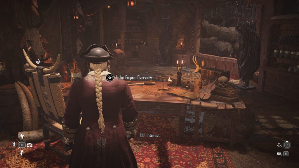 A pirate approaches the Helm Empire Overview table.