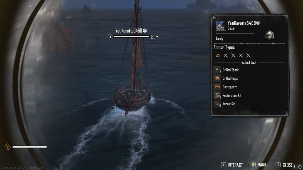 A player uses their spyglass to spot another player-manned ship, with the option to interact with them in Skull and Bones.