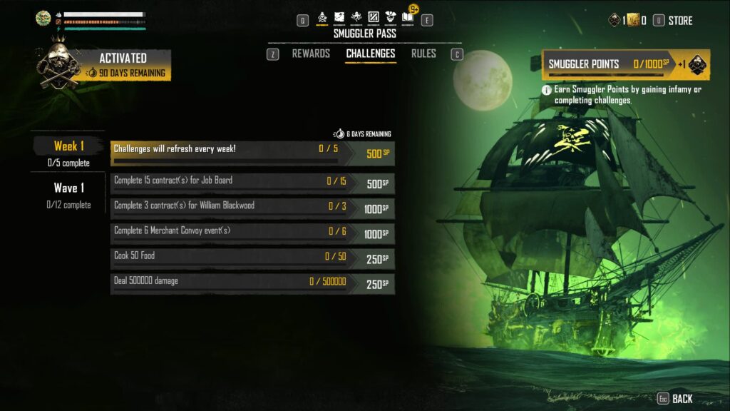 Week 1 Challenges in the Skull and Bones Season 1 Smuggler Pass.