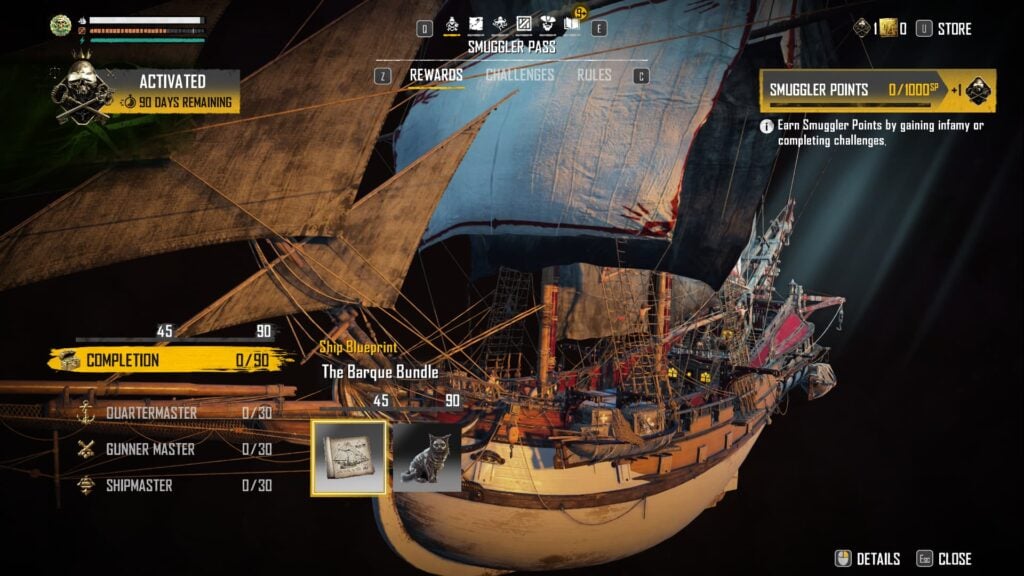 The first thing you see when you open the Skull and Bones Season 1 Smuggler Pass.