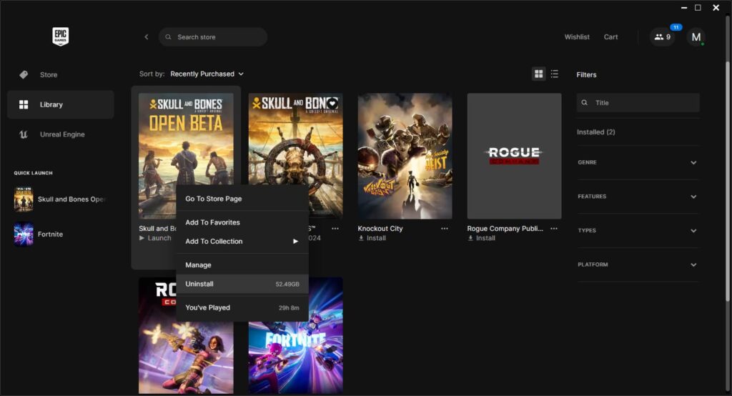 The Uninstall option for Skull and Bones in the Epic Games Store.