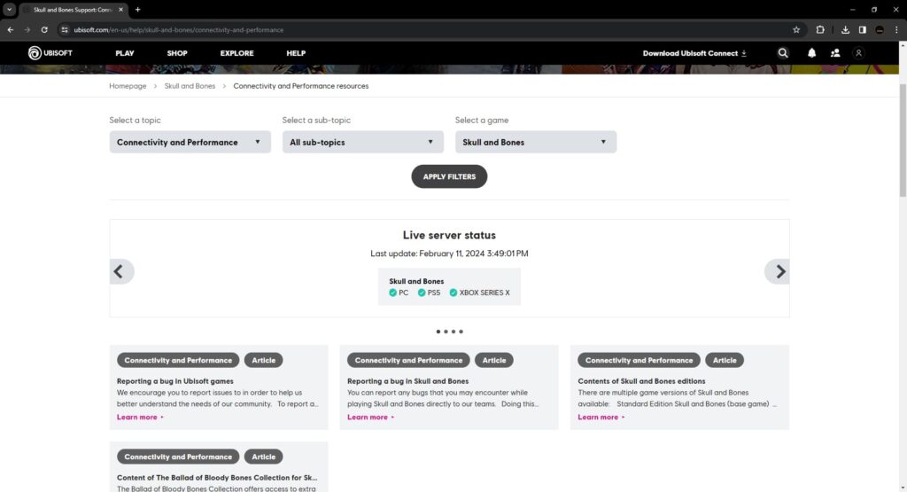 The Ubisoft help section for Skull and Bones showing the server status.