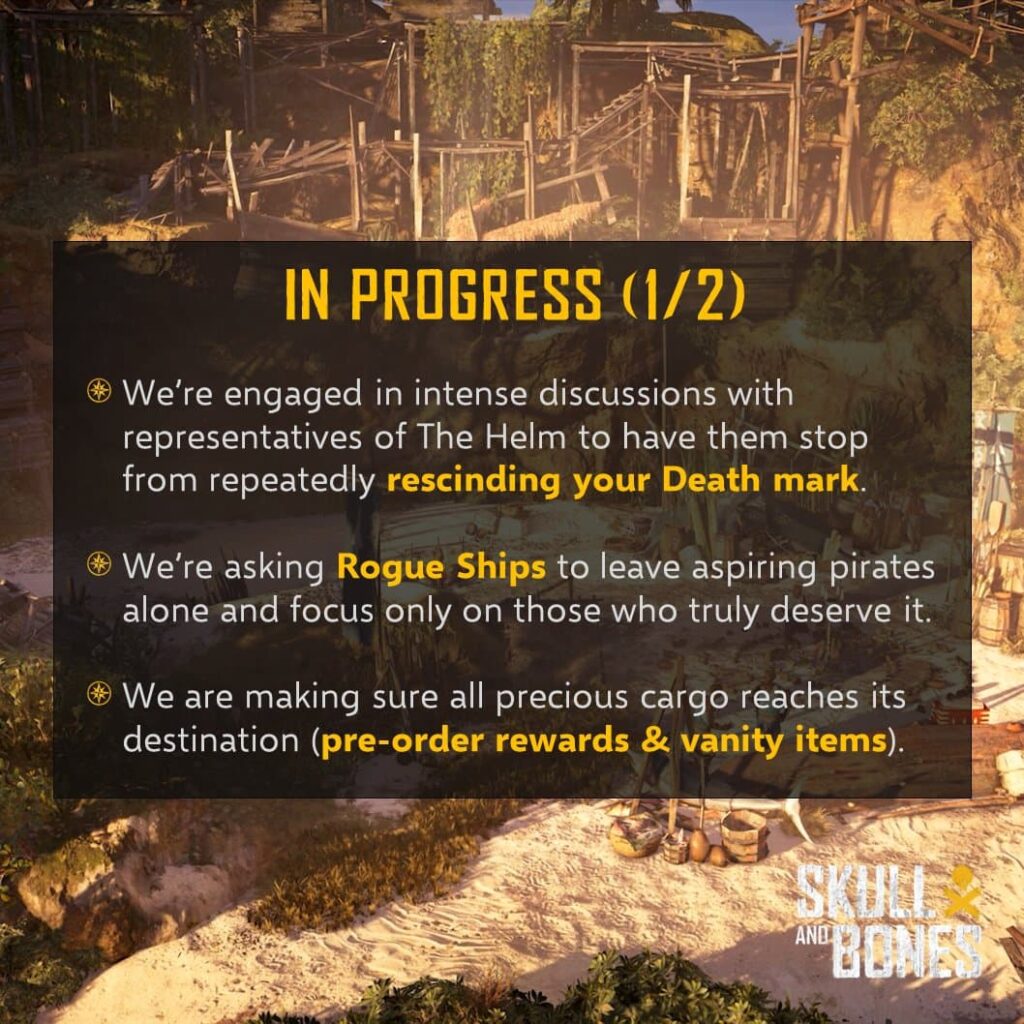 The first page of the in-progress fixes for Skull and Bones.