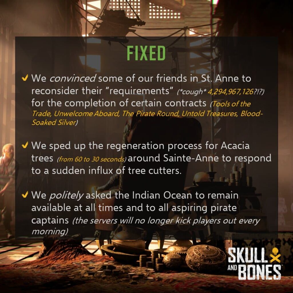 The fixed issues with the Skull and Bones launch update.