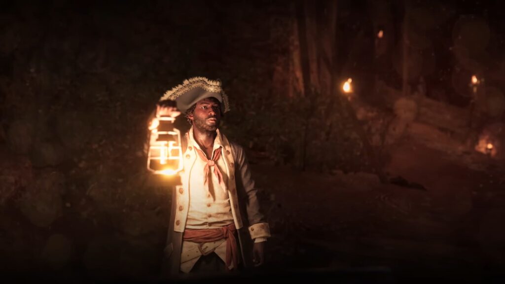 A pirate ventures onto land, holding a lantern, in Skull and Bones.