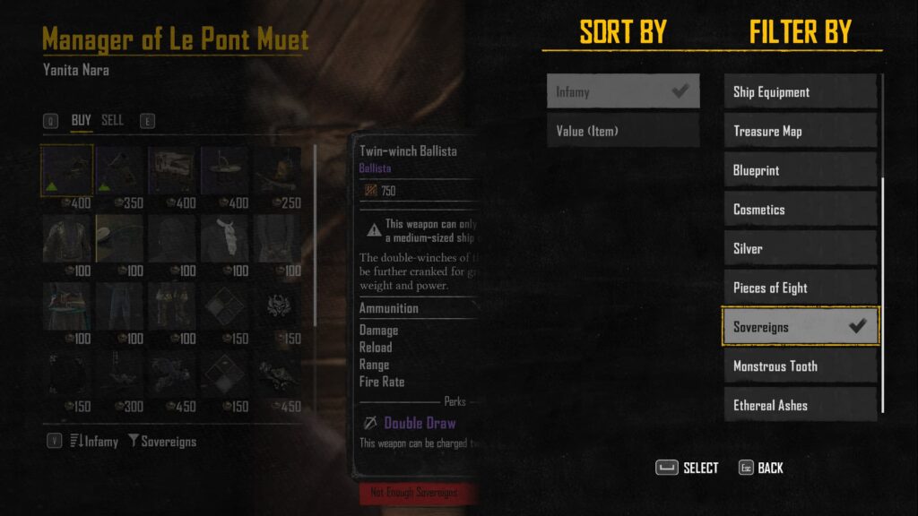 The filter of items by those available for Sovereigns in the Sainte-Anne black market in Skull and Bones.