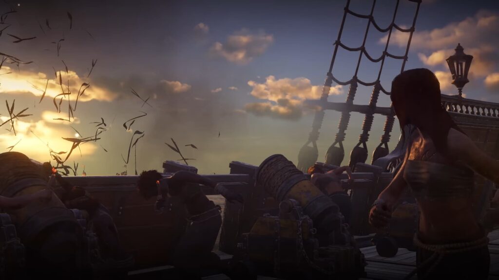 Crewmates fire cannons in naval combat in Skull and Bones.