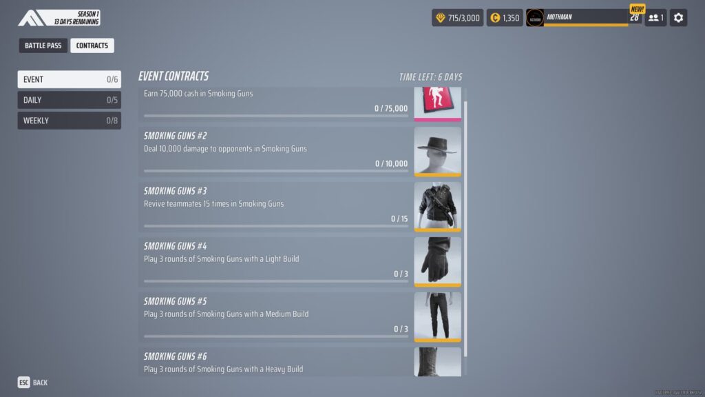 The contracts and rewards in The Finals for the Smoking Guns event.