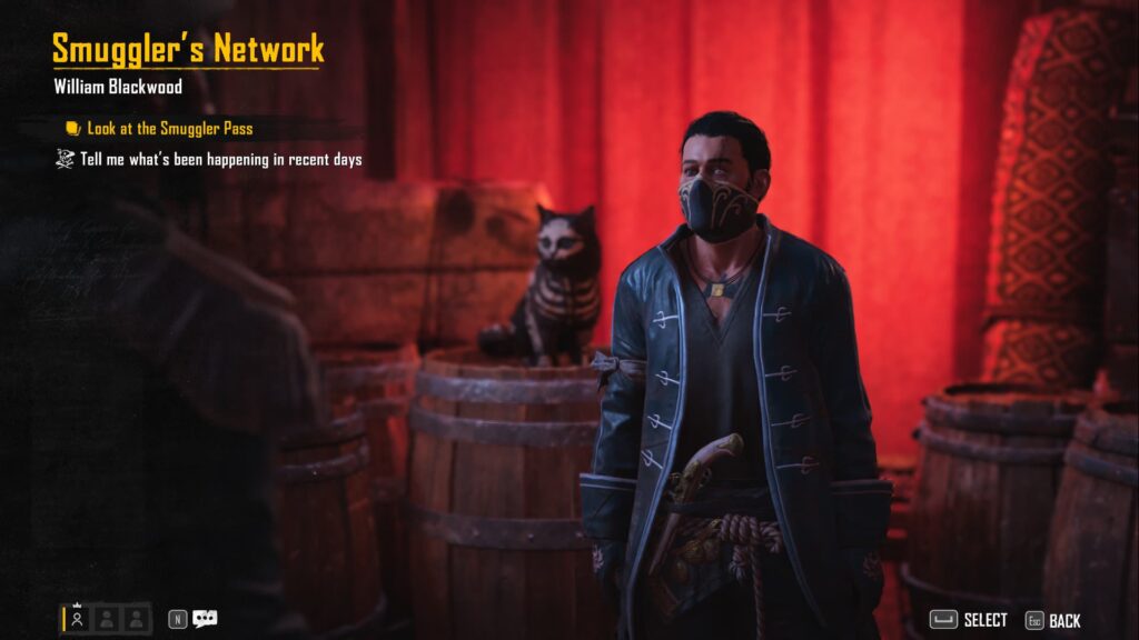 A player accesses the Smuggler's Network by talking to William Blackwood in Skull and Bones.