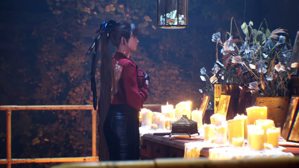 Eve from Stellar Blade stands over an alter with candles and a well-designed box on top of it.