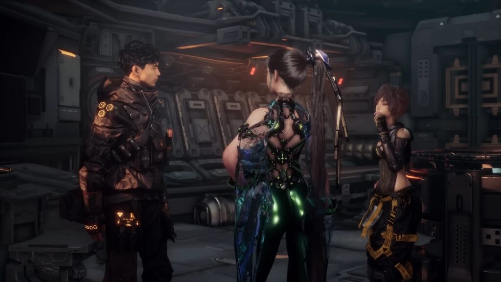 Eve's backside is prominent as she stands near two other characters on a ship, having a conversation in Stellar Blade.