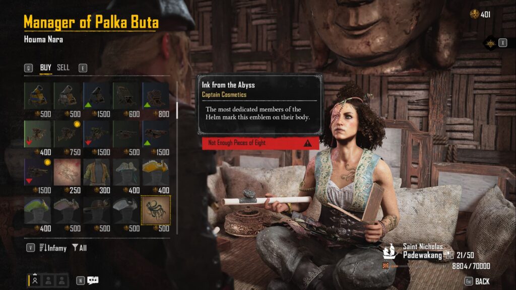 The Black Market on Telok Penjarah, run by Houma Nara, shows many items available for Pieces of Eight.