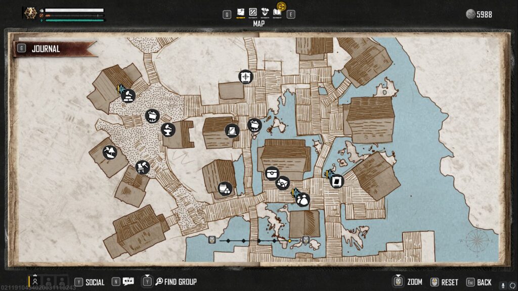 The layout of Telok Penjarah with its merchant icons on a Skull and Bones map.