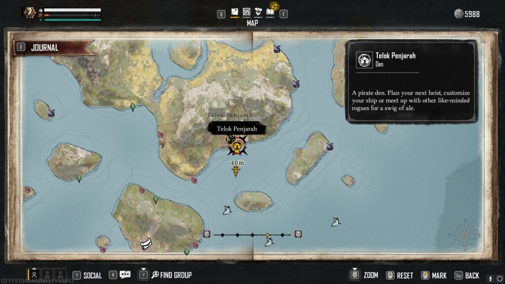 A zoomed in look at the Skull and Bones map showing the location of Telok Penjarah.