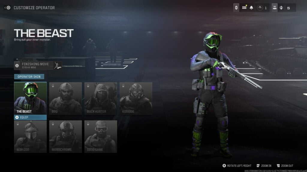 A player selects The Beast Operator skin, the free Monster Energy Call of Duty item.