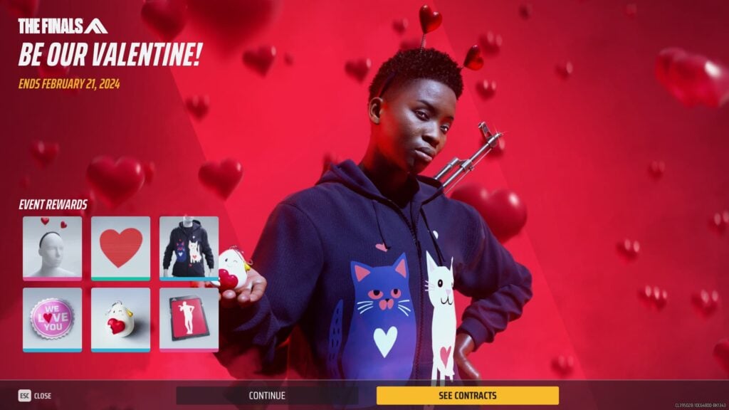 A contestant in The Finals poses with a look at the Valentine's Day event rewards.