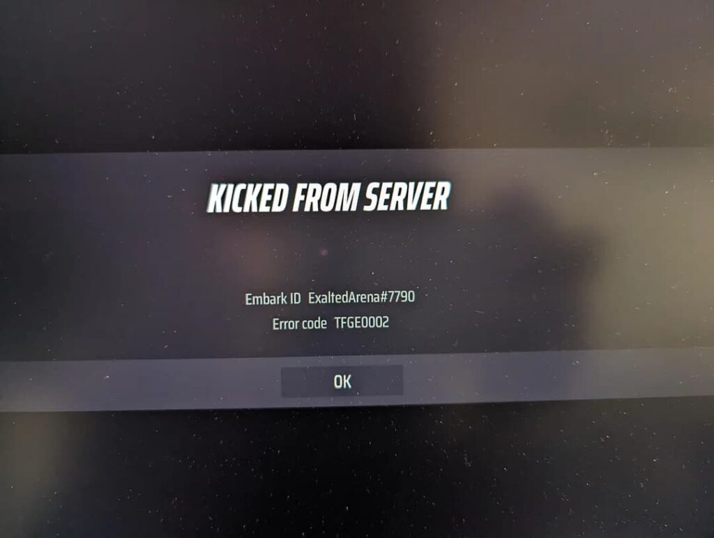 A player has been kicked from the server and received The Finals error code TFGE0002.