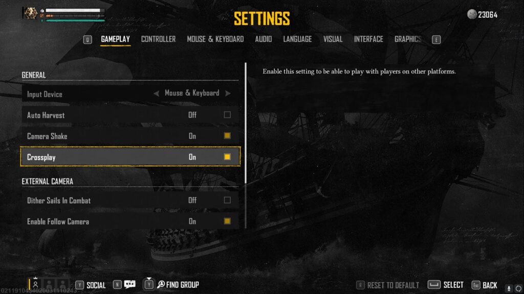 The Crossplay toggle option in Skull and Bones.