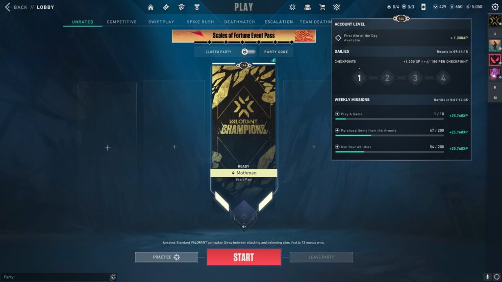 A player's matchmaking section in VALORANT shows the daily and weekly missions available.