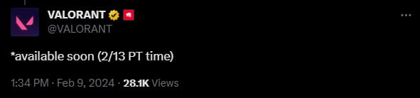 The VALORANT X account stating the Duo's Day bundle is available on 2/13.