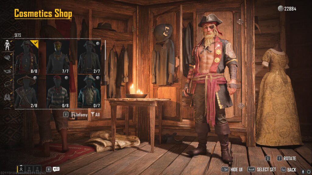 The Cosmetics Shop shows a pirate in his garb, but several sets that can be purchased.