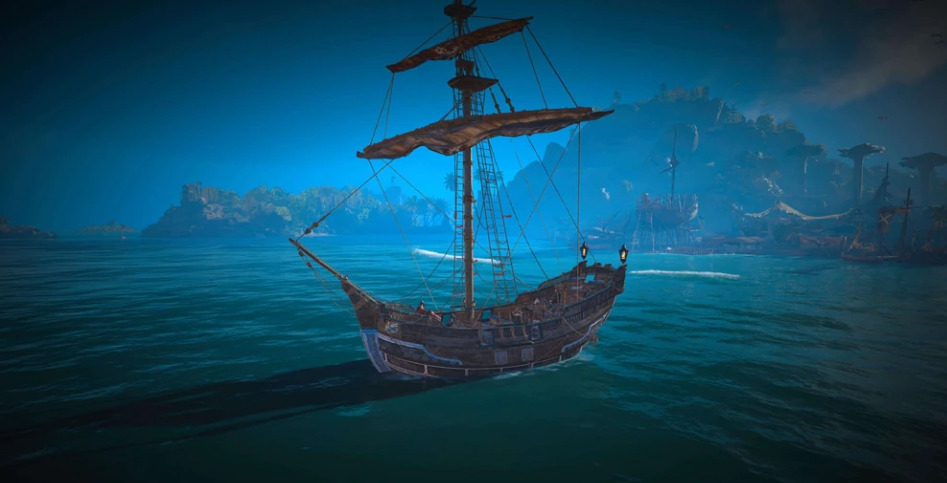 A Hulk ship anchored at a dock in Skull and Bones.