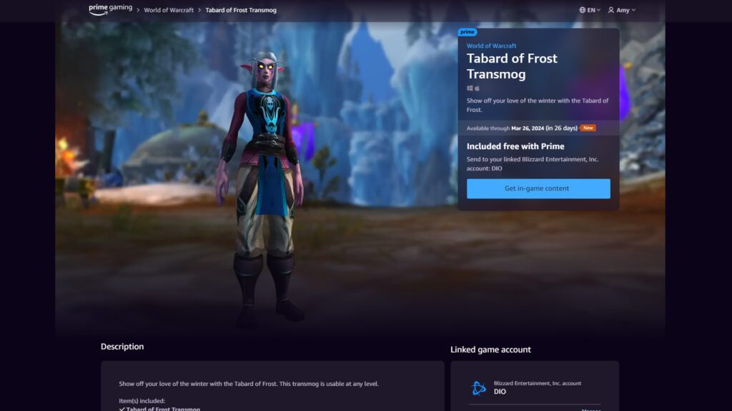 World of Warcraft Prime Gaming loot