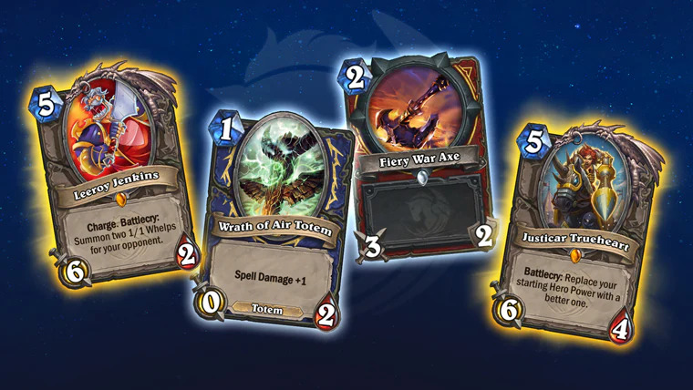 Leeroy Jenkins, Wrath of Air Totem, Fiery War Axe, and Justicar Trueheart