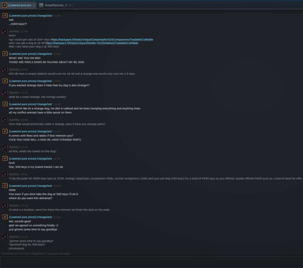 A chat log of the alleged TF2 dog trade.