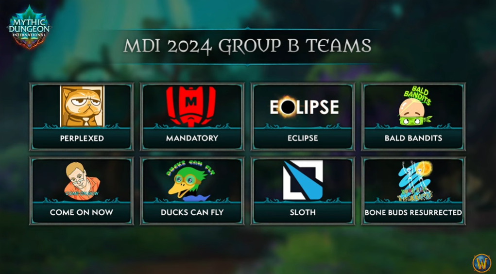 WoW MDI 2024 Group B teams include Perplexed, Mandatory, Its Joever, Eclipse, Ducks Can Fly, Come On Now, Sloth, and Bone Buds Resurrected.