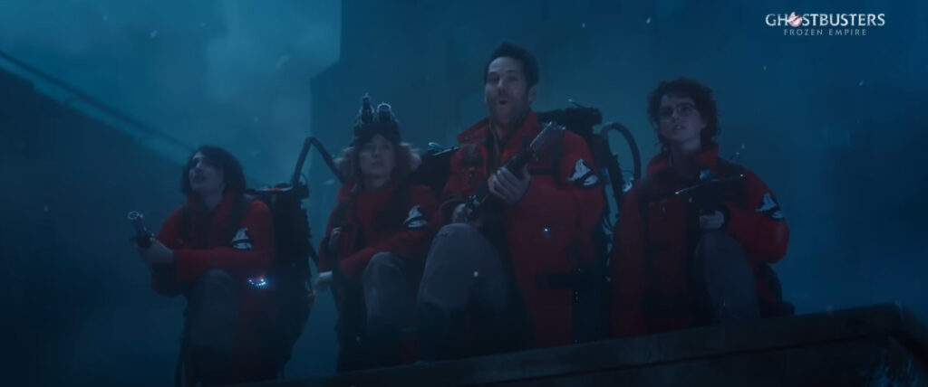 The Ghostbusters team featuring Paul Rudd and others in the Ghostbusters Frozen world