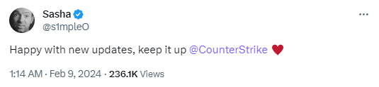 s1mple via X announcing his happiness for the new CS2 update.