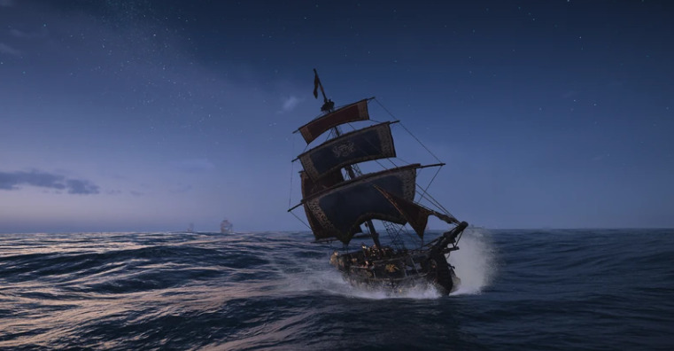 A Sloop sailing the ocean in Skull and Bones.