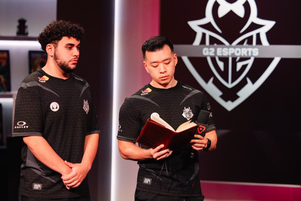 valyn and coach JoshRT of G2 Esports seen at the Pre-Show at VCT Americas Kickoff on Day 3 of Week 1 at Riot Games Arena on February 18, 2024.