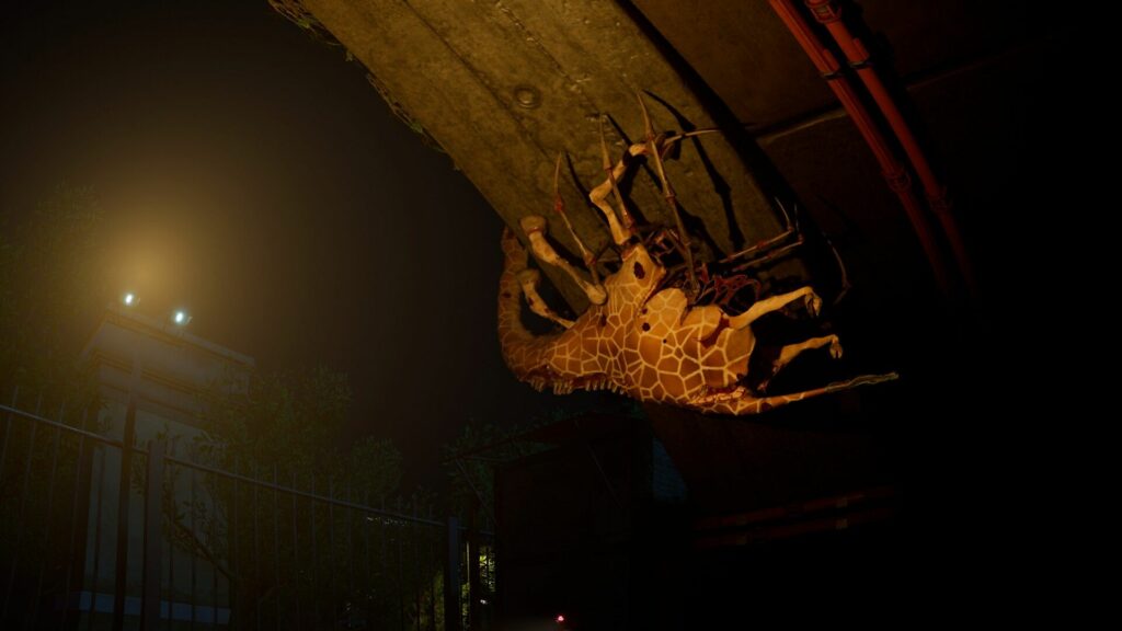 An upside down mutated Giraffe in Zoochosis