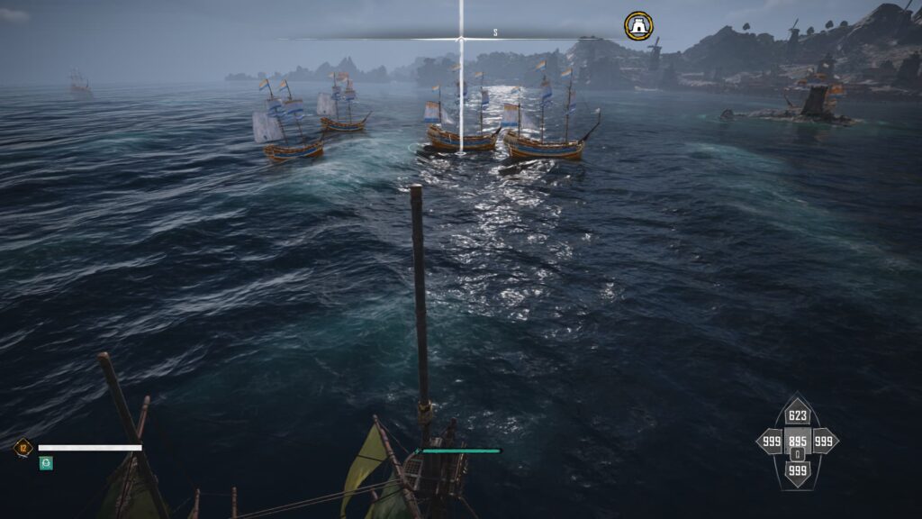 A pirate aims his ship's mortar at a DMC Merchant Convoy in Skull and Bones.
