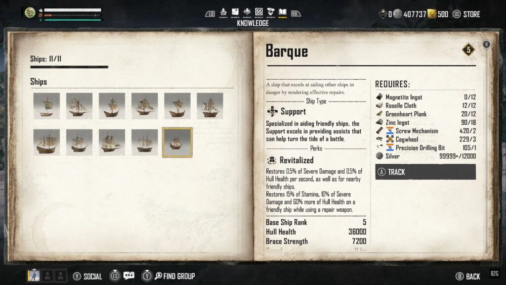 The Barque ship in the Skull and Bones Knowledge journal with its crafting requirements listed.