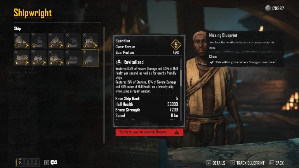 The Barque ship selected at the Shipwright, showing its perk and stats in Skull and Bones.