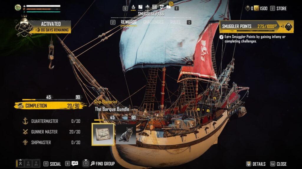The Barque Ship blueprint in the Skull and Bones Season 1 Smuggler Pass.