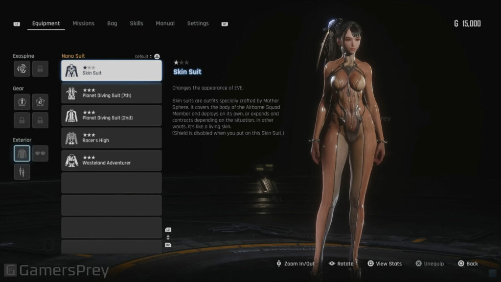 Stellar Blade Naked Costume's in-game description, pointing out that it will remove the armor.