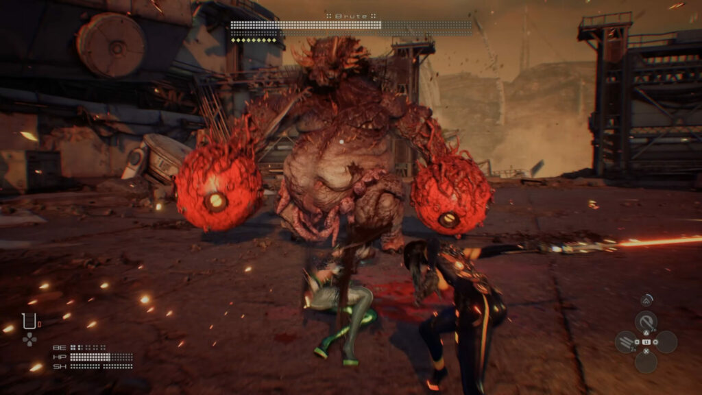 Two characters from Stellar Blade, Eve and Tachy, face a boss together.