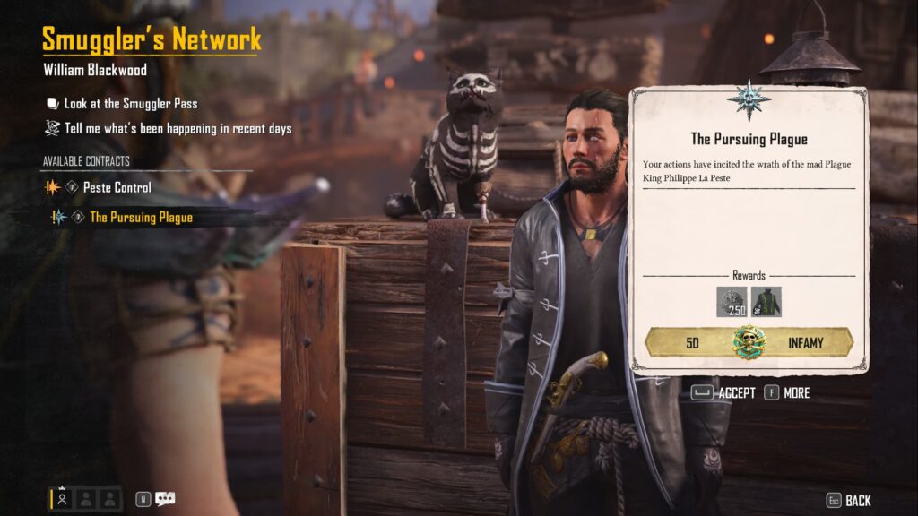 A player views The Pursuing Plague contract with William Blackwood in Skull and Bones.